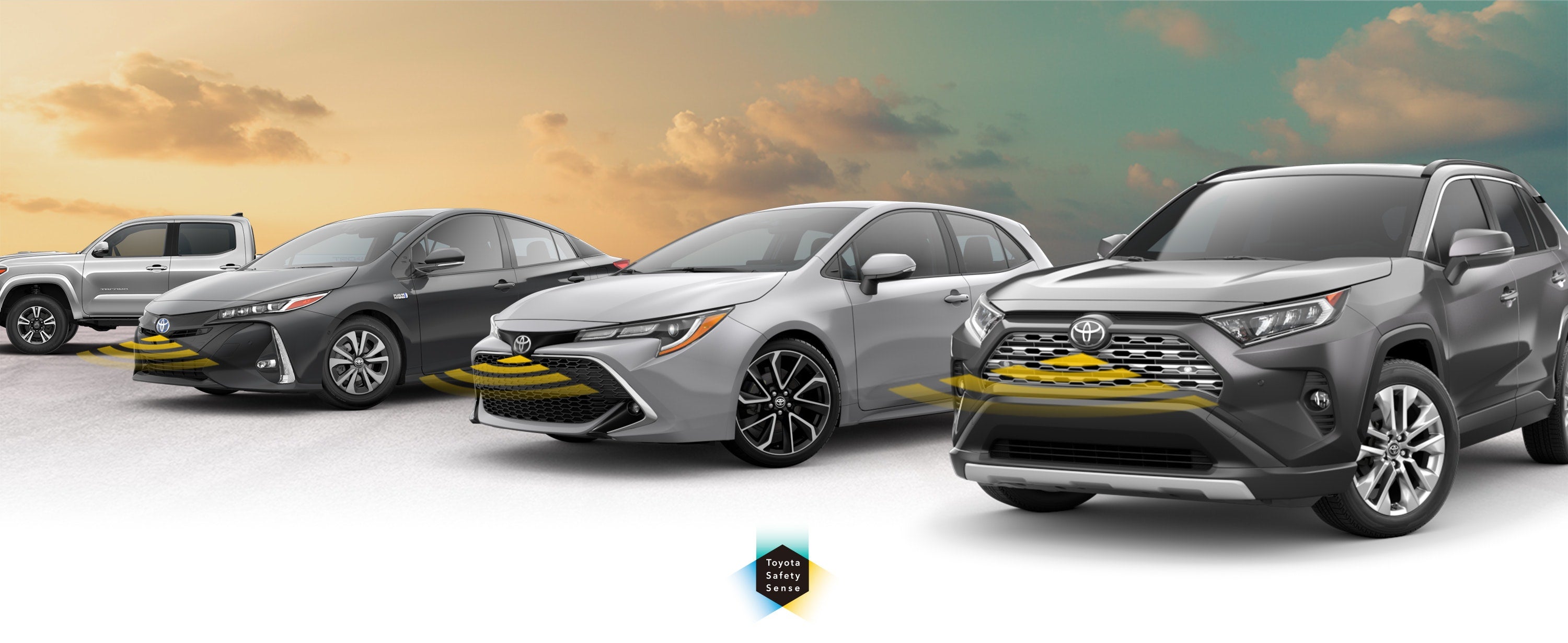 Toyota Safety Sense: Designed for Safety. Options shown on Toyota models including RAV4, Tacoma, and Camry, available now at Continental Toyota in Hodgkins IL.